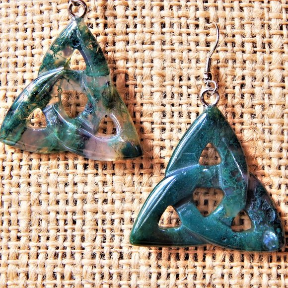Artisan Jewelry - Indian Agate Carved Triquetra Knot Earrings